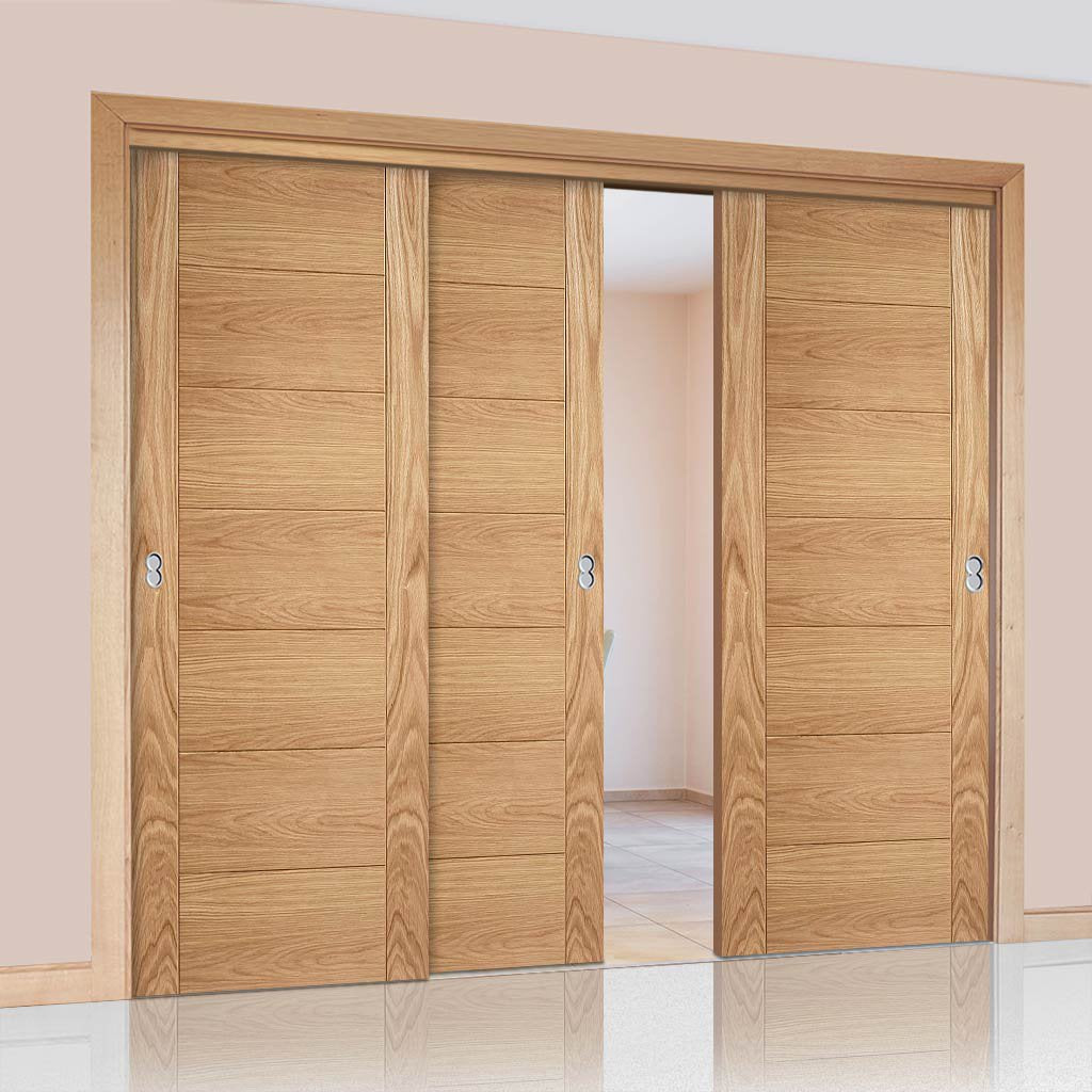 Bespoke Thruslide Carini 7 Panel Oak Flush Door - 3 Sliding Doors and Frame Kit - Prefinished