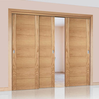 Image: Bespoke Thruslide Carini 7 Panel Oak Flush Door - 3 Sliding Doors and Frame Kit - Prefinished