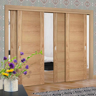 Image: Bespoke Thruslide Carini 7 Panel Oak Flush Door - 4 Sliding Doors and Frame Kit - Prefinished