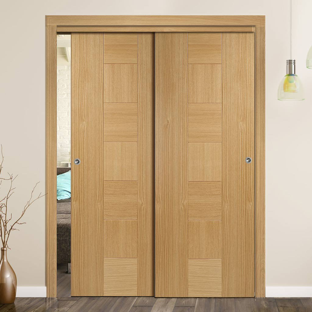 Bespoke Thruslide Catalonia Flush Oak Door - 2 Sliding Doors and Frame Kit - Prefinished