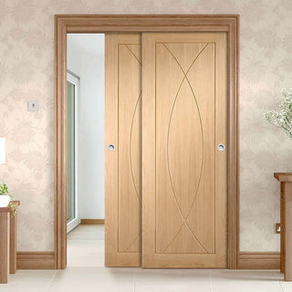 Image: Bespoke Thruslide Pesaro Oak Flush - 2 Sliding Doors and Frame Kit - Prefinished