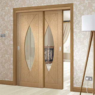 Image: Bespoke Thruslide Pesaro Oak Glazed - 2 Sliding Doors and Frame Kit - Prefinished