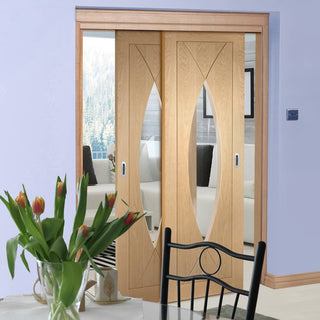 Image: Bespoke Thruslide Pesaro Oak Glazed - 2 Sliding Doors and Frame Kit