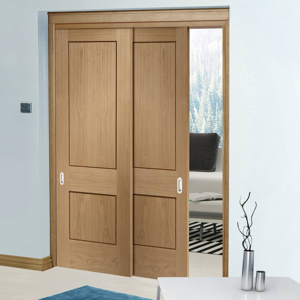 Bespoke Thruslide Piacenza Oak 2 Panel Flush - 2 Sliding Doors and Frame Kit - Groove Design