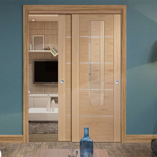Image: Bespoke Thruslide Portici Oak Glazed - 2 Sliding Doors and Frame Kit - Aluminium Inlay - Prefinished