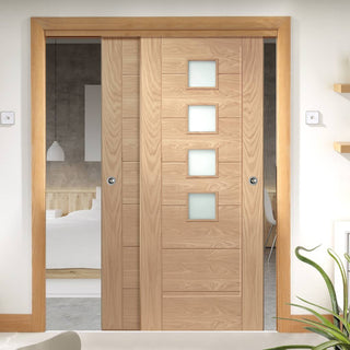 Image: Bespoke Thruslide Palermo Oak Glazed - 2 Sliding Doors and Frame Kit - Prefinished