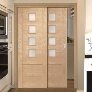 Image: Bespoke Thruslide Palermo Oak 4 Pane Glazed - 2 Sliding Doors and Frame Kit