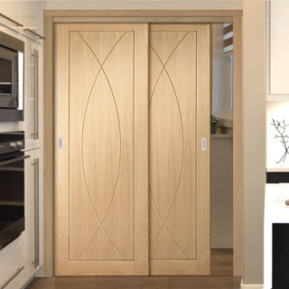 Image: Bespoke Thruslide Pesaro Oak Flush - 2 Sliding Doors and Frame Kit