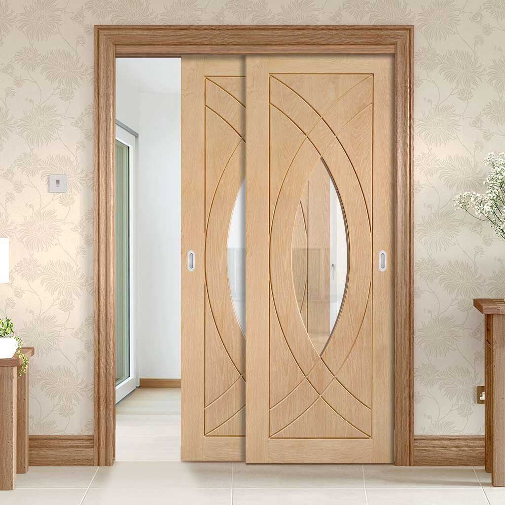 Bespoke Thruslide Treviso Oak Glazed - 2 Sliding Doors and Frame Kit