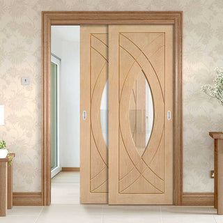 Image: Bespoke Thruslide Treviso Oak Glazed - 2 Sliding Doors and Frame Kit