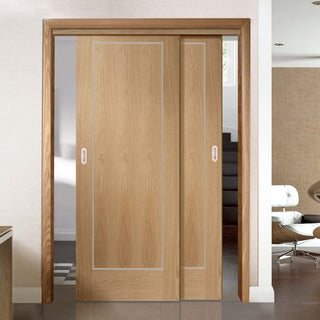 Image: Bespoke Thruslide Varese Oak Flush - 2 Sliding Doors and Frame Kit - Aluminium Inlay - Prefinished