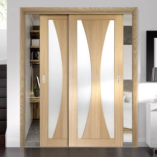 Image: Bespoke Thruslide Verona Oak Glazed - 2 Sliding Doors and Frame Kit
