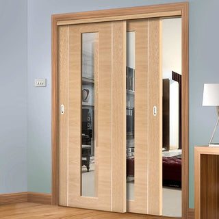 Image: Bespoke Thruslide Forli Oak Glazed - 2 Sliding Doors and Frame Kit - Aluminium Inlay - Prefinished