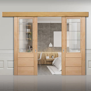 Image: Bespoke Thruslide Surface Palermo Oak 2XG Glazed - Sliding Double Door and Track Kit