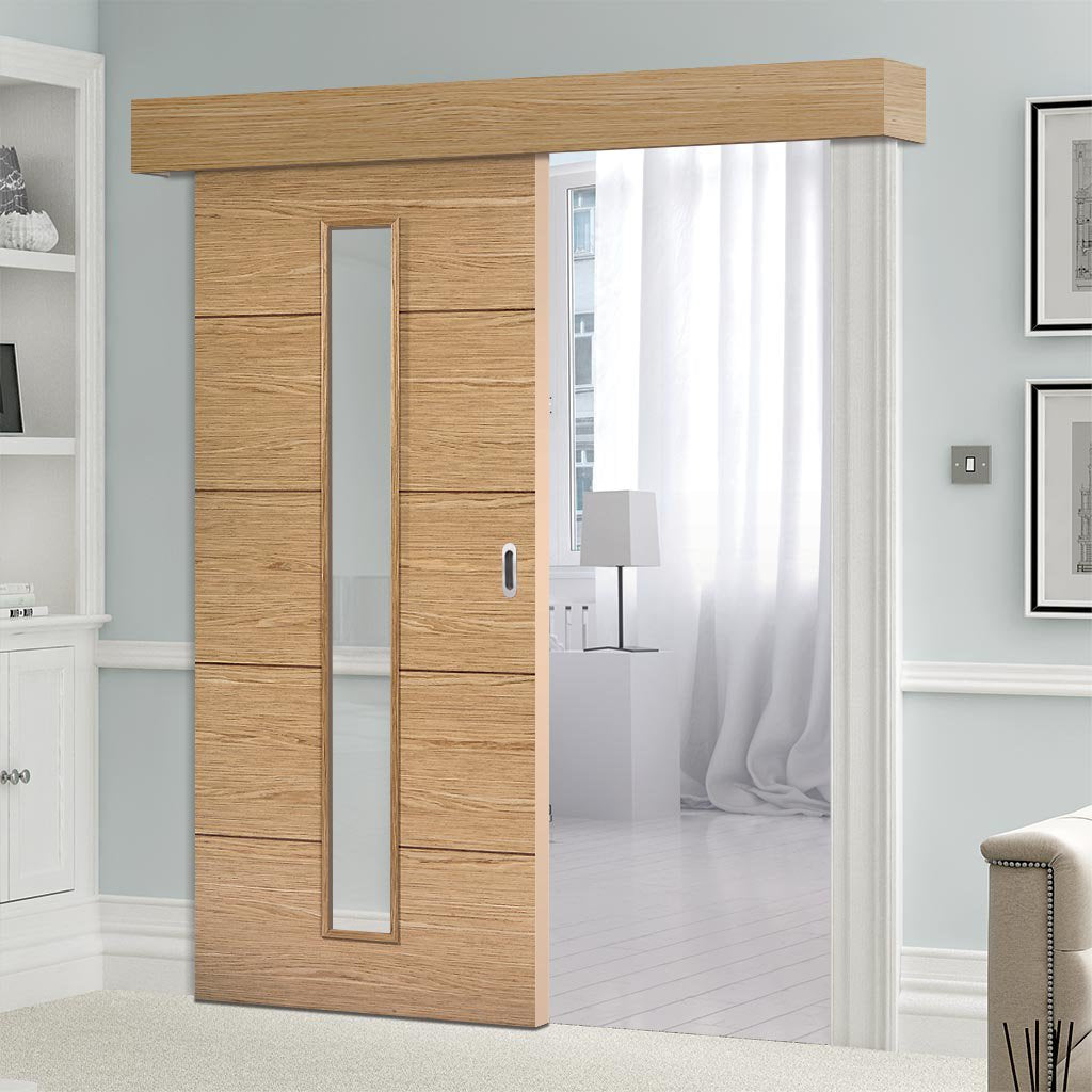 Bespoke Thruslide Surface Lille 1L Oak Flush Door - Clear Glass - Sliding Door and Track Kit - Prefinished