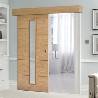 Image: Bespoke Thruslide Surface Lille 1L Oak Flush Door - Clear Glass - Sliding Door and Track Kit - Prefinished