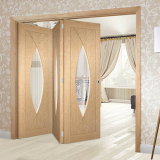 Image: Bespoke Thrufold Pesaro Oak Glazed Folding 3+0 Door - Prefinished