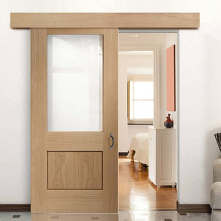 Image: Bespoke Thruslide Surface Piacenza Oak 1 Panel Glazed - Sliding Door and Track Kit - Groove Design
