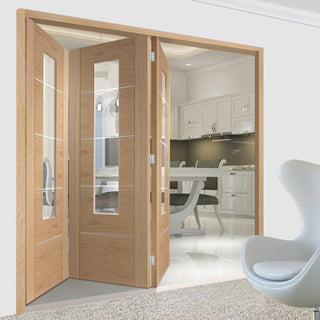 Image: Bespoke Thrufold Portici Oak Glazed Folding 3+0 Door - Aluminium Inlay - Prefinished