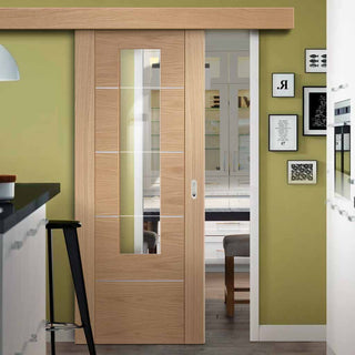 Image: Bespoke Thruslide Surface Portici Oak Glazed - Sliding Door and Track Kit - Aluminium Inlay - Prefinished