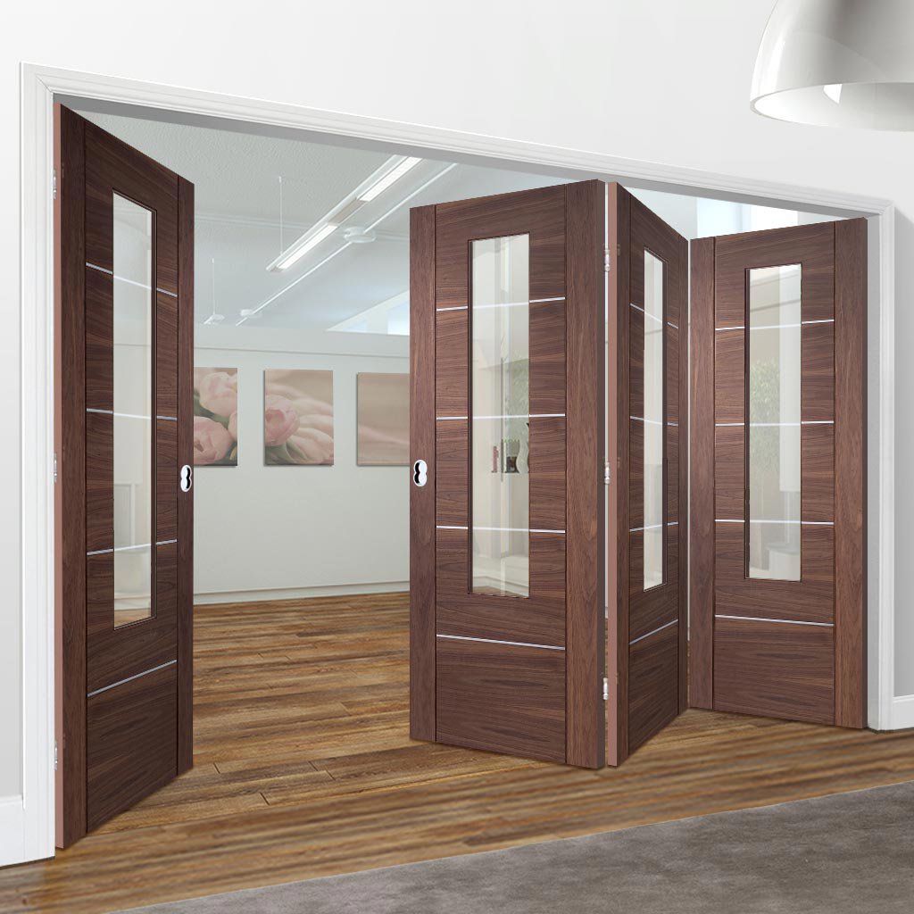 Bespoke Thrufold Portici Walnut Glazed Folding 3+1 Door - Aluminium Inlay - Prefinished