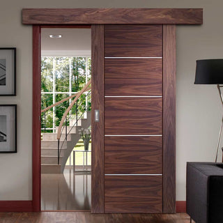 Image: Bespoke Thruslide Surface Portici Walnut Flush - Sliding Door and Track Kit - Aluminium Inlay - Prefinished