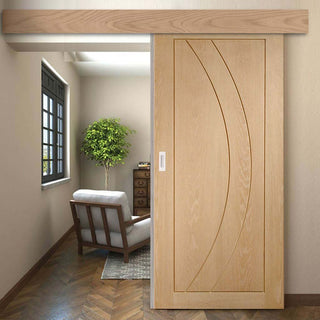 Image: Bespoke Thruslide Surface Salerno Oak Flush - Sliding Door and Track Kit - Prefinished