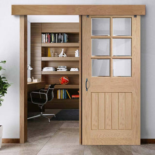 Image: Bespoke Thruslide Surface Suffolk Oak 6 Pane Glazed - Sliding Door and Track Kit - Prefinished