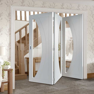 Image: Bespoke Thrufold Salerno White Primed Glazed Folding 3+0 Door