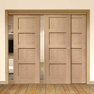 Image: Bespoke Thruslide Shaker Oak 4 Panel - 3 Sliding Doors and Frame Kit - Prefinished