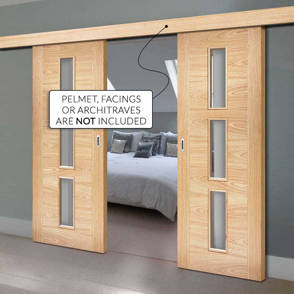 Bespoke Thruslide Surface Sofia 3L Oak Door - Clear Glass - Prefinished Sliding Double Door and Track Kit