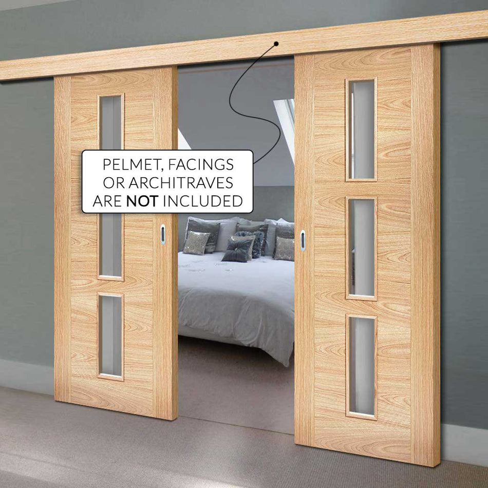 Bespoke Thruslide Surface Sofia 3L Oak Door - Clear Glass - Prefinished Sliding Double Door and Track Kit