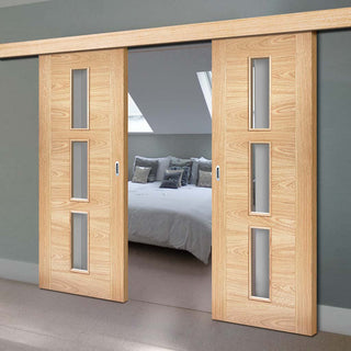 Image: Bespoke Thruslide Surface Sofia 3L Oak Door - Clear Glass - Prefinished Sliding Double Door and Track Kit