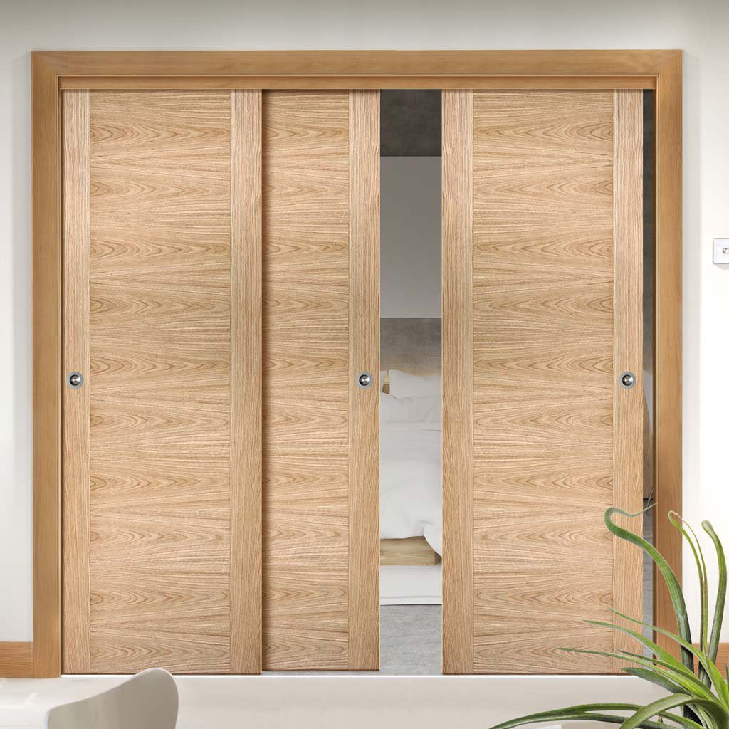 Bespoke Thruslide Sofia Oak Flush Door - 3 Sliding Doors and Frame Kit - Prefinished