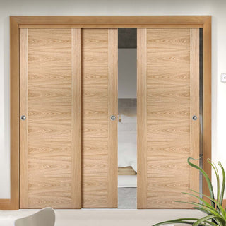 Image: Bespoke Thruslide Sofia Oak Flush Door - 3 Sliding Doors and Frame Kit - Prefinished