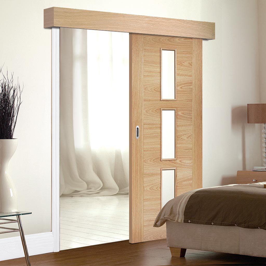 Bespoke Thruslide Surface Sofia 3L Oak Door - Clear Glass - Sliding Door and Track Kit - Prefinished