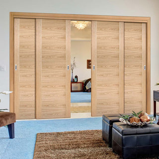 Image: Bespoke Thruslide Sofia Oak Flush Door - 4 Sliding Doors and Frame Kit - Prefinished