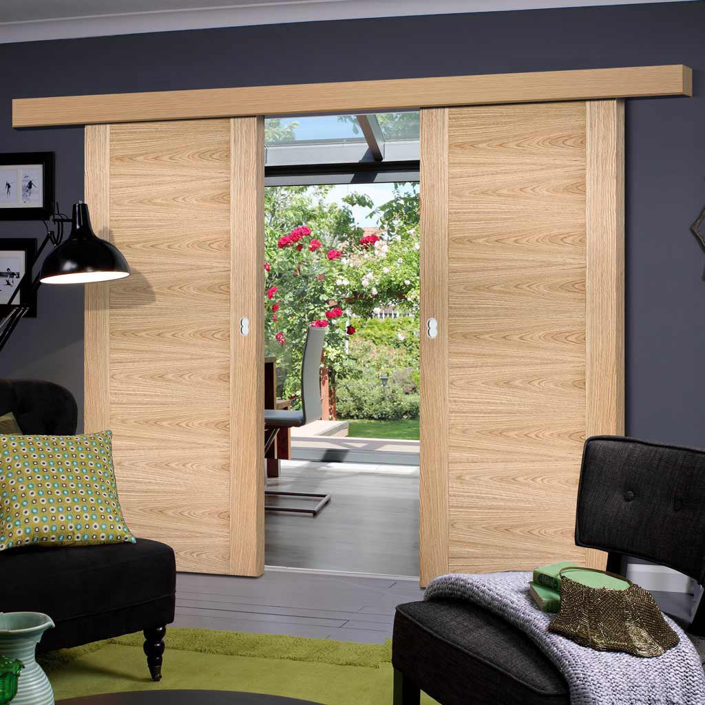 Bespoke Thruslide Surface Sofia Oak Flush Door - Prefinished Sliding Double Door and Track Kit