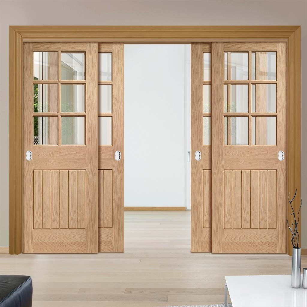 Bespoke Thruslide Suffolk Oak 6 Pane Glazed - 4 Sliding Doors and Frame Kit - Prefinished