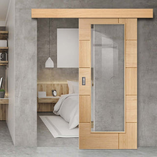 Image: Bespoke Thruslide Surface Ravenna Oak Glazed - Sliding Door and Track Kit