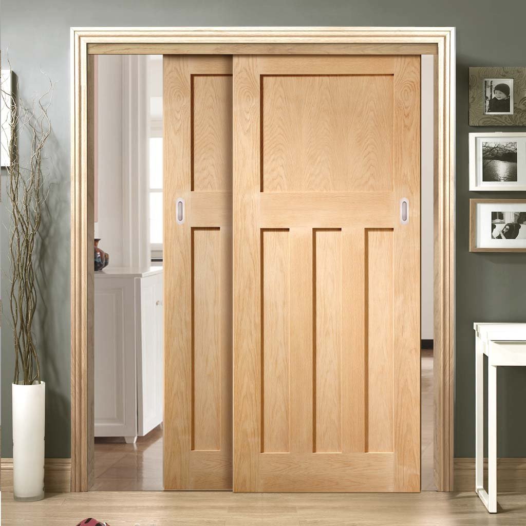 Pass-Easi Two Sliding Doors and Frame Kit - DX Oak Panel Door - 1930's Style