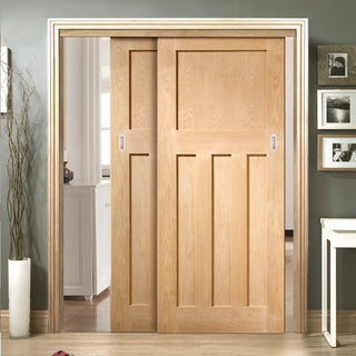 Image: Pass-Easi Two Sliding Doors and Frame Kit - DX Oak Panel Door - 1930's Style