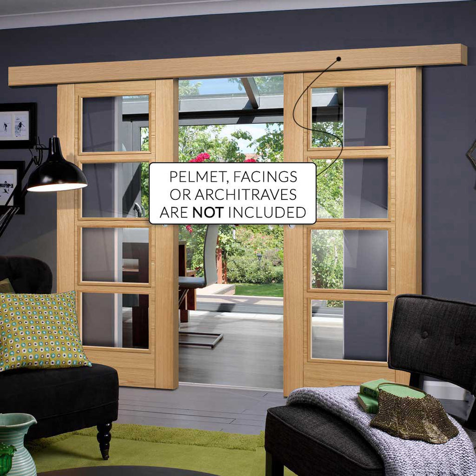 Bespoke Thruslide Surface Vancouver Oak 4L Door - Clear Glass - Prefinished Sliding Double Door and Track Kit