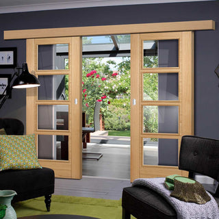 Image: Bespoke Thruslide Surface Vancouver Oak 4L Door - Clear Glass - Prefinished Sliding Double Door and Track Kit