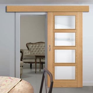 Image: Bespoke Thruslide Surface Vancouver Oak 4L Door - Clear Glass - Sliding Door and Track Kit - Prefinished