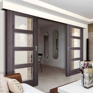 Image: Bespoke Thruslide Surface Vancouver Ash Grey 4L Door - Clear Glass - Prefinished Sliding Double Door and Track Kit
