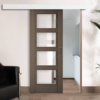 Image: Bespoke Thruslide Surface Vancouver Chocolate Grey 4L Door - Clear Glass - Sliding Door and Track Kit - Prefinished
