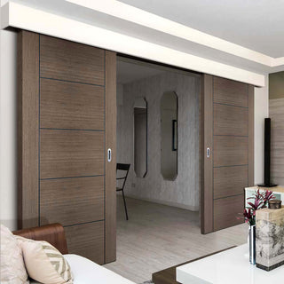 Image: Bespoke Thruslide Surface Vancouver Chocolate Grey Door - Prefinished Sliding Double Door and Track Kit