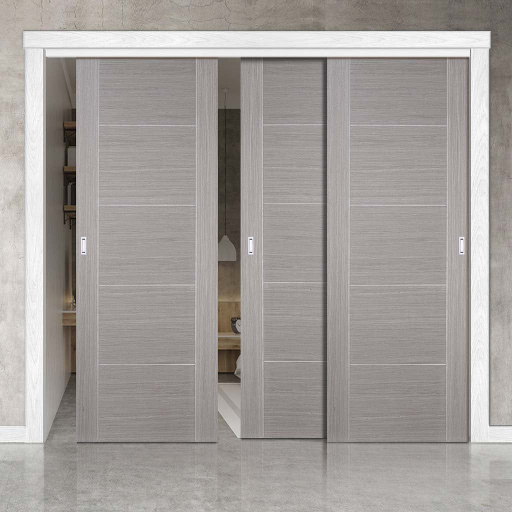 Bespoke Thruslide Light Grey Vancouver Door - 3 Sliding Doors and Frame Kit - Prefinished