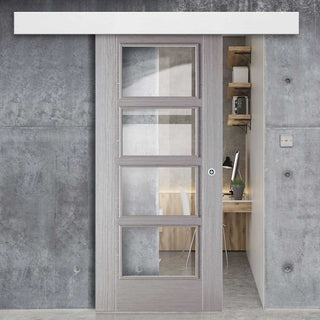 Image: Bespoke Thruslide Surface Light Grey Vancouver Door - Clear Glass - Sliding Door and Track Kit - Prefinished